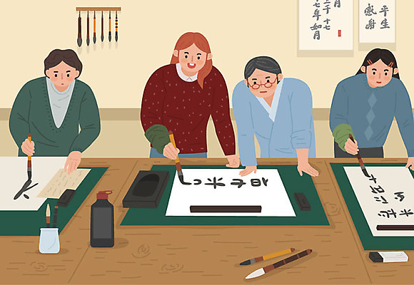 문자 손글씨 여자 노년 남자 일러스트 서예 사람 여러명 성인 취미 초록색 한자 집중 즐거움 서예용품 서예붓 워라밸 국내일러스트 AI파일 한국전통 감정 컬러 다수 컨셉 문구용품 붓 신조어 파일형식 벡터