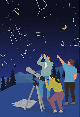 여자 남자 별 일러스트 사람 성인 취미 세명 별자리 남색 즐거움 관측 천체망원경 천체관측 워라밸 국내일러스트 AI파일 자연요소 감정 컬러 망원경 신조어 파일형식 벡터