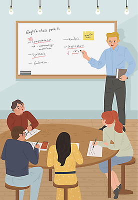 영어 여자 남자 하늘색 일러스트 영어교육 사람 여러명 성인 취미 스터디 즐거움 학원 영어학원 워라밸 국내일러스트 AI파일 문자 교육 감정 다수 파란색 학습 신조어 파일형식 벡터