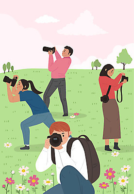 공원 여자 남자 분홍색 일러스트 사람 여러명 성인 취미 카메라 사진촬영 즐거움 동호회 워라밸 국내일러스트 AI파일 공공시설 감정 컬러 다수 전자제품 촬영 신조어 파일형식 벡터