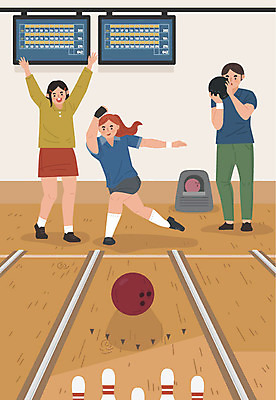 여자 남자 일러스트 사람 성인 취미 세명 운동 갈색 게임 볼링핀 볼링 즐거움 볼링공 점수 볼링장 워라밸 국내일러스트 AI파일 감정 컬러 공 놀이 건강 구기 볼링용품 신조어 파일형식 벡터