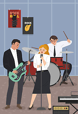 여자 남자 음악 일러스트 사람 성인 취미 세명 직장인 밴드 연습 즐거움 락 연습실 워라밸 국내일러스트 AI파일 직업 감정 문화예술 신조어 로큰롤 파일형식 벡터
