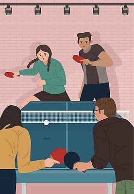 여자 남자 스포츠 분홍색 일러스트 사람 여러명 성인 취미 운동 게임 탁구채 탁구 즐거움 탁구공 복식 탁구대 탁구장 워라밸 국내일러스트 AI파일 감정 컬러 다수 공 스포츠시설 놀이 건강 구기 라켓 탁구용품 신조어 파일형식 벡터