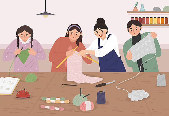 옷 여자 남자 분홍색 일러스트 사람 여러명 성인 취미 교사 바늘 뜨개질 털실 실 바늘꽂이 즐거움 대바늘 코바늘 클래스 워라밸 국내일러스트 AI파일 직업 감정 컬러 다수 도구 신조어 꽂이 파일형식 벡터