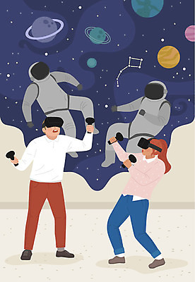 여자 남자 일러스트 사람 성인 취미 두명 우주 행성 우주비행사 게임 남색 즐거움 가상현실 오큘러스 워라밸 VR기기 국내일러스트 AI파일 감정 컬러 놀이 기계 신조어 파일형식 벡터