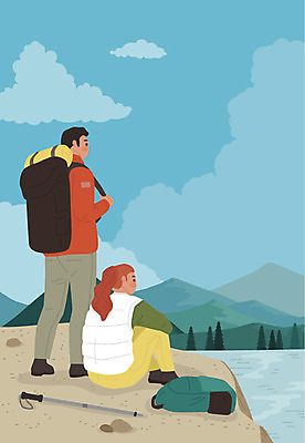 커플 여자 남자 하늘색 겨울 일러스트 하늘 산 사람 성인 취미 두명 등산 정상 즐거움 등산가방 등산스틱 워라밸 국내일러스트 AI파일 계절 감정 가방 관계 파란색 트래킹 등산용품 신조어 파일형식 벡터