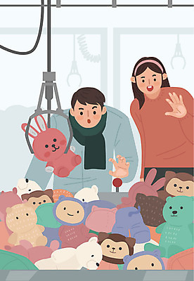 커플 여자 남자 인형 일러스트 사람 성인 취미 두명 게임 즐거움 오락기계 오락실 인형뽑기 워라밸 국내일러스트 AI파일 감정 관계 놀이 신조어 파일형식 벡터