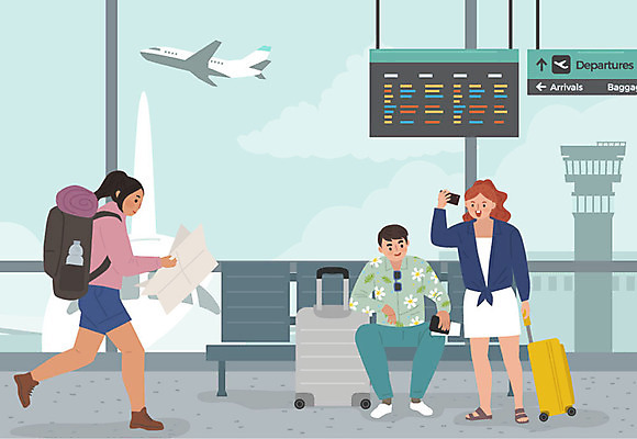 여자 남자 해외여행 여행 일러스트 배낭 비행기 사람 성인 취미 세명 캐리어 계획 공항 즐거움 민트색 워라밸 국내일러스트 AI파일 해외 감정 컬러 컨셉 가방 항공교통 교통시설 대중교통 여행가방 신조어 파일형식 벡터