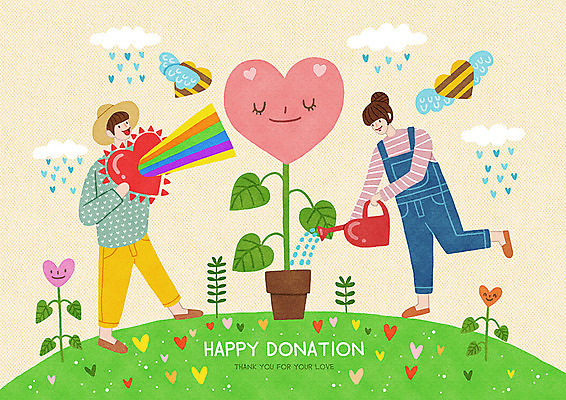 PSD 식물 구름 여자 남자 행복 화분 무지개 일러스트 따뜻함 사랑 사람 성인 두명 햇빛 물뿌리개 하트 봉사 꿀벌 즐거움 감사 사랑나눔 나눔 기부 성인만 국내일러스트 자연요소 모양 감정 태양 도움 벌_곤충 파일형식