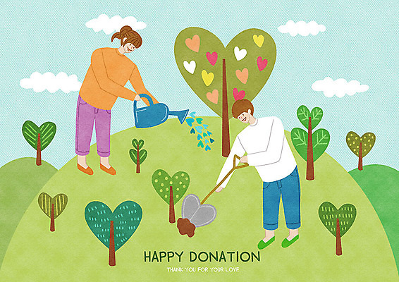 PSD 나무 구름 여자 남자 행복 일러스트 따뜻함 사랑 사람 성인 두명 파란색 물뿌리개 하트 봉사 삽 즐거움 감사 사랑나눔 나눔 나무심기 기부 성인만 국내일러스트 자연요소 모양 식물 감정 컬러 도움 심기 파일형식
