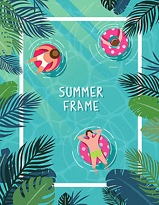 여자 남자 여유 바다 백그라운드 일러스트 휴가 사각프레임 프레임 세명 여름 여름휴가 바캉스 즐거움 청록색 튜브 야자수잎 프레임일러스트 트로피컬아트 국내일러스트 AI파일 계절 감정 컬러 잎 사람 사각형 그림 파일형식 벡터 여름_계절