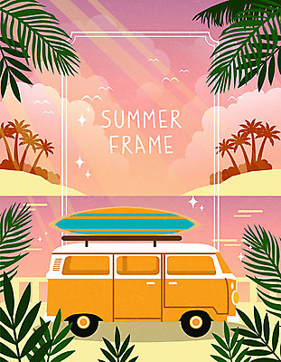 백그라운드 일러스트 휴가 사각프레임 프레임 해변 사람없음 여름 여름휴가 바캉스 컬러풀 야자수 노을 서핑보드 캠핑카 야자수잎 프레임일러스트 트로피컬아트 국내일러스트 AI파일 자연요소 나무 계절 바다 컬러 잎 자동차 사각형 보드_스포츠 그림 파일형식 벡터 여름_계절