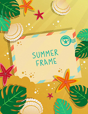 백그라운드 일러스트 휴가 조개 불가사리 사각프레임 프레임 사람없음 여름 여름휴가 바캉스 모래사장 컬러풀 편지 야자수잎 몬스테라 프레임일러스트 트로피컬아트 국내일러스트 AI파일 식물 계절 바다 컬러 잎 어패류 극피동물 사각형 그림 파일형식 벡터 여름_계절