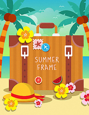 모자 꽃 백그라운드 일러스트 휴가 사각프레임 프레임 해변 사람없음 여름 여름휴가 바캉스 모래사장 컬러풀 야자수 여행가방 프레임일러스트 국내일러스트 AI파일 나무 식물 잡화 계절 바다 컬러 가방 사각형 파일형식 벡터 여름_계절
