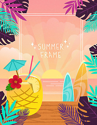 백그라운드 일러스트 휴가 사각프레임 프레임 빨대 해변 사람없음 여름 여름휴가 바캉스 컬러풀 태양 노을 서핑보드 파인애플 야자수잎 몬스테라 프레임일러스트 트로피컬아트 국내일러스트 AI파일 자연요소 식물 계절 바다 컬러 잎 과일 사각형 보드_스포츠 열대과일 그림 파일형식 벡터 여름_계절