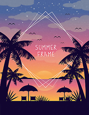실루엣 바다 백그라운드 일러스트 휴가 사각프레임 프레임 해변 사람없음 여름 여름휴가 바캉스 컬러풀 야자수 노을 파라솔 선베드 프레임일러스트 트로피컬아트 국내일러스트 AI파일 자연요소 나무 계절 컬러 의자 촬영기법 사각형 그림 파일형식 벡터 여름_계절