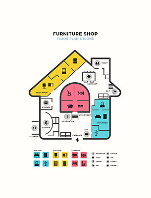 일러스트 식탁 선반 안내 주택 사람없음 소파 컬러풀 상점 침대 옷걸이 책상 서랍장 화장대 위치 약도 흔들의자 옷장놀이 평면도 가구점 건물배치도 층별배치도 국내일러스트 AI파일 컬러 가구 지도 의자 놀이 탁자 건물 표지판 그림 파일형식 벡터