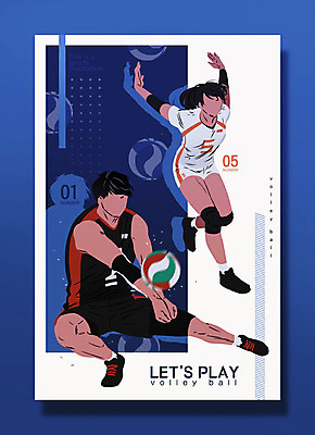 PSD 여자 남자 포스터 스포츠 일러스트 운동선수 성인 취미 두명 파란색 운동복 운동 구기 점프 자신감 배구 열정 배구선수 배구공 리시브 리베로 세터 국내일러스트 옷 감정 스포츠용품 컬러 공 모션 건강 사람 파일형식