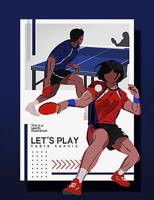 PSD 여자 남자 포스터 스포츠 일러스트 운동선수 성인 취미 두명 빨간색 파란색 운동복 운동 구기 탁구채 자신감 탁구 열정 탁구공 탁구선수 국내일러스트 옷 감정 컬러 공 건강 사람 라켓 탁구용품 파일형식