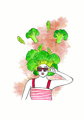 PSD 헤어스타일 여자 패션 일러스트 수채화 한명 성인 컬러풀 선글라스 브로콜리 브이 번짐 스타일 성인여자한명만 국내일러스트 1 안경 컬러 채소 사람 손짓 여자한명만 성인여자만 파일형식 효과
