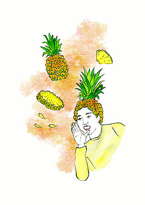 PSD 헤어스타일 여자 패션 일러스트 수채화 한명 손짓 성인 컬러풀 노란색 외침 파인애플 번짐 스타일 성인여자한명만 국내일러스트 1 컬러 과일 모션 사람 소리 열대과일 여자한명만 성인여자만 파일형식 효과