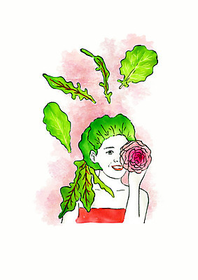 PSD 헤어스타일 여자 패션 꽃 채소 일러스트 수채화 한명 성인 컬러풀 번짐 쌈채소 치커리 스타일 성인여자한명만 국내일러스트 식물 1 컬러 사람 여자한명만 성인여자만 파일형식 효과