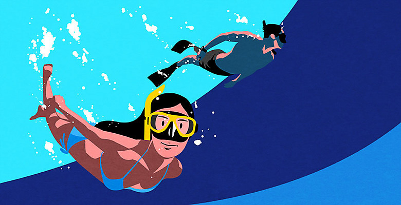 PSD 여자 남자 바다 일러스트 휴가 사람 성인 두명 여름 레포츠 파란색 여름휴가 바캉스 수상스포츠 즐거움 다이빙 스노클링용품 성인만 국내일러스트 계절 감정 스포츠용품 스포츠 컬러 레저 수영 스노클링 수중스포츠 파일형식 여름_계절