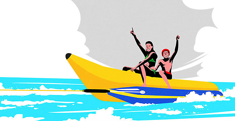 PSD 구름 여자 남자 어린이 파도 일러스트 하늘 휴가 사람 두명 여름 레포츠 파란색 여름휴가 바캉스 수상스포츠 즐거움 바나나보트 어린이만 국내일러스트 자연요소 계절 감정 스포츠 바다 컬러 레저 보트 파일형식 여름_계절