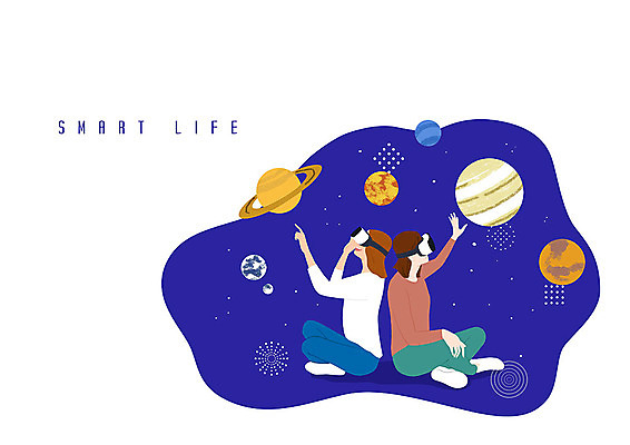 PSD 응시 여자 일러스트 사람 앉기 성인 두명 컬러풀 우주 행성 체험 신비 가상현실 성인여자만 오큘러스 VR기기 국내일러스트 시선 컬러 컨셉 모션 기계 여자만 성인만 파일형식