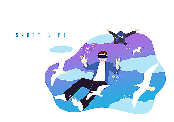 PSD 구름 남자 일러스트 하늘 사람 성인 두명 컬러풀 체험 신비 스카이다이빙 즐거움 비둘기 스릴 가상현실 성인남자만 오큘러스 VR기기 국내일러스트 자연요소 감정 컬러 컨셉 조류 기계 익스트림스포츠 남자만 성인만 파일형식