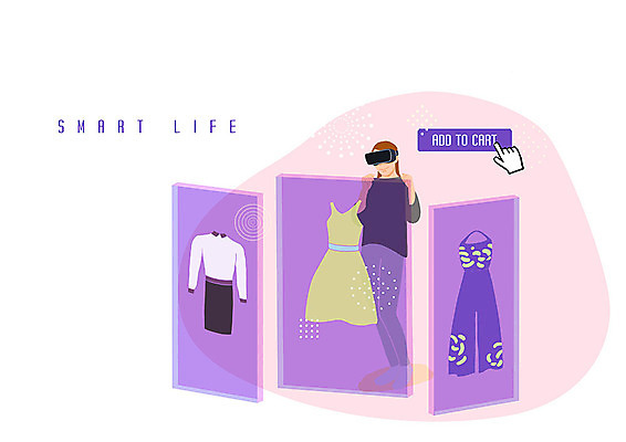 PSD 옷 여자 일러스트 사람 성인 쇼핑 컬러풀 체험 선택 신비 장바구니 즐거움 고민 넣기 가상현실 성인여자한명만 오큘러스 VR기기 국내일러스트 감정 컬러 컨셉 모션 바구니 기계 여자한명만 성인여자만 파일형식