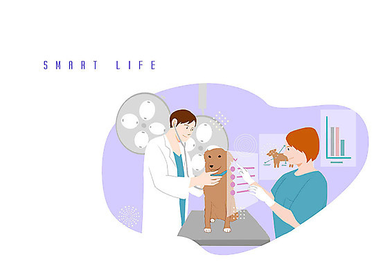 PSD 한마리 여자 남자 일러스트 그래프 건강 사람 성인 두명 컬러풀 진료 터치 의사 개 동물병원 건강검진 신중 터치스크린 홀로그램 가상현실 국내일러스트 1 컬러 컨셉 포유류 의학 병원 의료진 검사_조사 파일형식