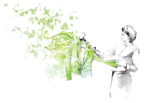 PSD 라이프스타일 옷 여자 잎 일러스트 캘리그라피 사람 정장 성인 초록색 환경 옷걸이 에코 친환경 성인여자한명만 그린슈머 국내일러스트 식물 컬러 생활 여자한명만 성인여자만 파일형식