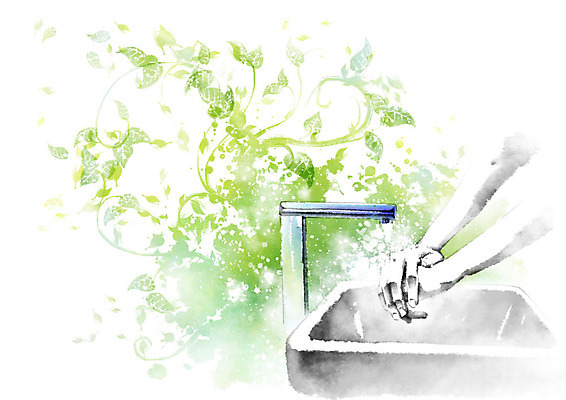 PSD 라이프스타일 잎 일러스트 캘리그라피 신체부위 초록색 환경 청결 양손 씻기 세면대 수도꼭지 에코 친환경 닦기 세정제 그린슈머 국내일러스트 식물 손 컬러 모션 사람 생활 위생용품 위생 파일형식