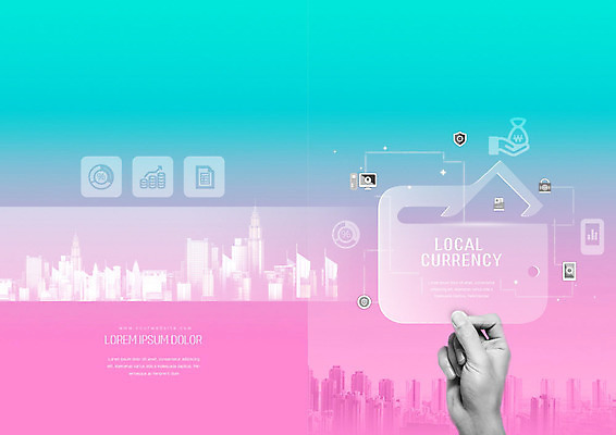 PSD 템플릿 표지디자인 북디자인 손 출판디자인 표지 리플렛 분홍색 하늘색 북커버 그래프 빌딩 팜플렛 신체부위 금융 경제 스마트폰 신용카드 그라데이션 지역화폐 이미지템플릿 컬러 돈 사람 건물 파란색 핸드폰 스마트기기 파일형식