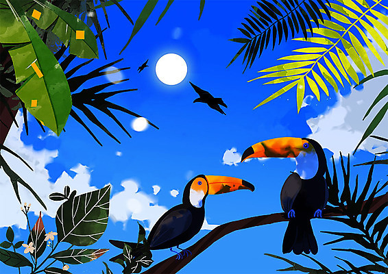 PSD 동물 구름 응시 두마리 일러스트 조류 하늘 나뭇잎 따뜻함 동물원 사람없음 파란색 태양 나뭇가지 열대식물 큰부리새 국내일러스트 자연요소 나무 식물 시선 컬러 잎 2 파일형식