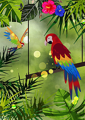 PSD 나무 동물 꽃 두마리 날개 일러스트 따뜻함 동물원 사람없음 초록색 나뭇가지 비행 숲 열대식물 앵무새 국내일러스트 식물 컬러 2 조류 파일형식