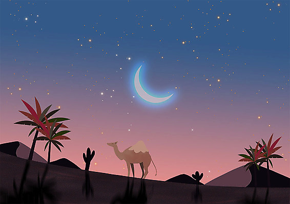PSD 동물 한마리 별 일러스트 밤하늘 선인장 따뜻함 동물원 사람없음 야자수 일몰 사막 초승달 낙타 별빛 국내일러스트 자연요소 나무 식물 1 포유류 하늘 빛 노을 달 야간 파일형식