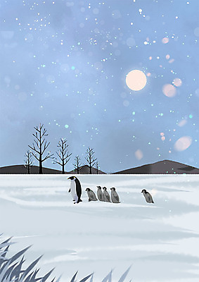 PSD 나무 동물 하늘색 여러마리 일러스트 산 따뜻함 동물원 사람없음 설원 북극 펭귄 빙하 아기펭귄 황제펭귄 국내일러스트 식물 새끼 다수 조류 눈_날씨 파란색 극지방 파일형식