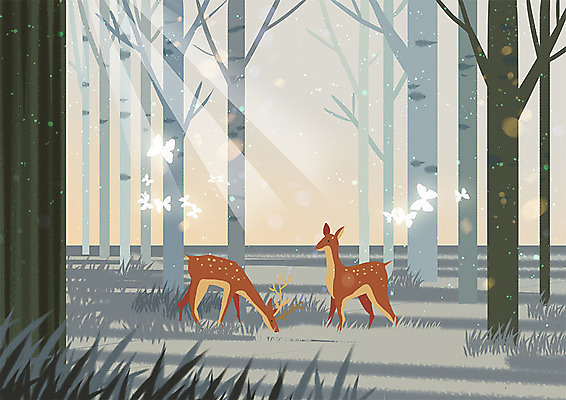 PSD 나무 동물 응시 나비 두마리 일러스트 사슴 따뜻함 동물원 사람없음 햇빛 태양 숲 먹기 들풀 풀기 국내일러스트 자연요소 식물 시선 곤충 2 포유류 모션 파일형식