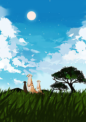 PSD 나무 동물 응시 하늘색 일러스트 하늘 따뜻함 동물원 세마리 초원 사람없음 미어캣 국내일러스트 식물 시선 3 파란색 파일형식