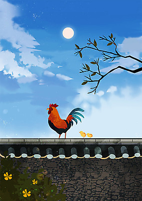 PSD 나무 동물 구름 하늘색 일러스트 하늘 돌담 따뜻함 동물원 병아리 사람없음 담장 태양 닭 수탉 국내일러스트 자연요소 식물 조류 파란색 돌_바위 수컷 파일형식