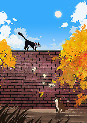 PSD 나무 동물 응시 벽 나비 낙엽 두마리 일러스트 하늘 따뜻함 동물원 사람없음 담장 태양 노란색 고양이 가을 가을배경 국내일러스트 자연요소 식물 시선 계절 컬러 곤충 백그라운드 잎 2 포유류 반려동물 파일형식 가을_계절