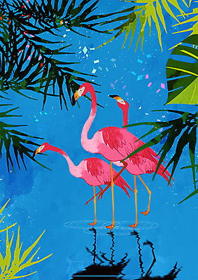 PSD 동물 분홍색 일러스트 조류 따뜻함 동물원 세마리 그림자 사람없음 파란색 반사 플라밍고 열대식물 국내일러스트 식물 컬러 3 파일형식