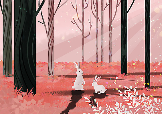 PSD 나무 동물 분홍색 두마리 일러스트 따뜻함 동물원 그림자 사람없음 귀여움 토끼 숲 국내일러스트 식물 컬러 컨셉 2 포유류 반려동물 파일형식