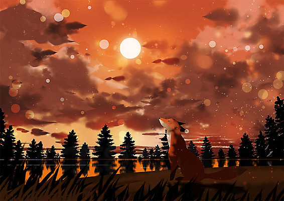 PSD 동물 구름 한마리 응시 일러스트 따뜻함 동물원 그림자 사람없음 반사 노을 주황색 일몰 저녁 여우 국내일러스트 자연요소 1 시선 컬러 포유류 야간 파일형식