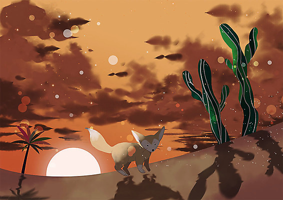 PSD 동물 한마리 일러스트 선인장 따뜻함 동물원 그림자 사람없음 야자수 갈색 노을 주황색 일몰 사막여우 국내일러스트 자연요소 나무 식물 1 컬러 여우 파일형식