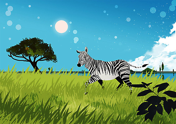 PSD 나무 동물 한마리 하늘색 일러스트 하늘 따뜻함 동물원 초원 사람없음 초록색 달 얼룩말 국내일러스트 자연요소 식물 1 컬러 파란색 말_동물 파일형식