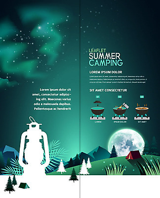 PSD 템플릿 표지디자인 북디자인 출판디자인 내지 리플렛 2단접지 북커버 휴가 산 텐트 팜플렛 사람없음 여름 여름휴가 바캉스 캠핑 달 램프 숲 바비큐 청록색 오로라 이미지템플릿 자연요소 계절 음식 컬러 자연현상 레저 조명 캠핑도구 파일형식 여름_계절