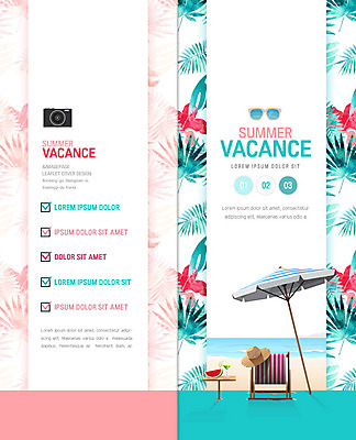PSD 템플릿 표지디자인 북디자인 출판디자인 표지 리플렛 분홍색 2단접지 북커버 휴가 팜플렛 해변 사람없음 여름 여름휴가 바캉스 야자수 카메라 파라솔 선베드 야자수잎 민트색 트로피컬아트 이미지템플릿 나무 계절 바다 컬러 잎 의자 전자제품 그림 파일형식 여름_계절
